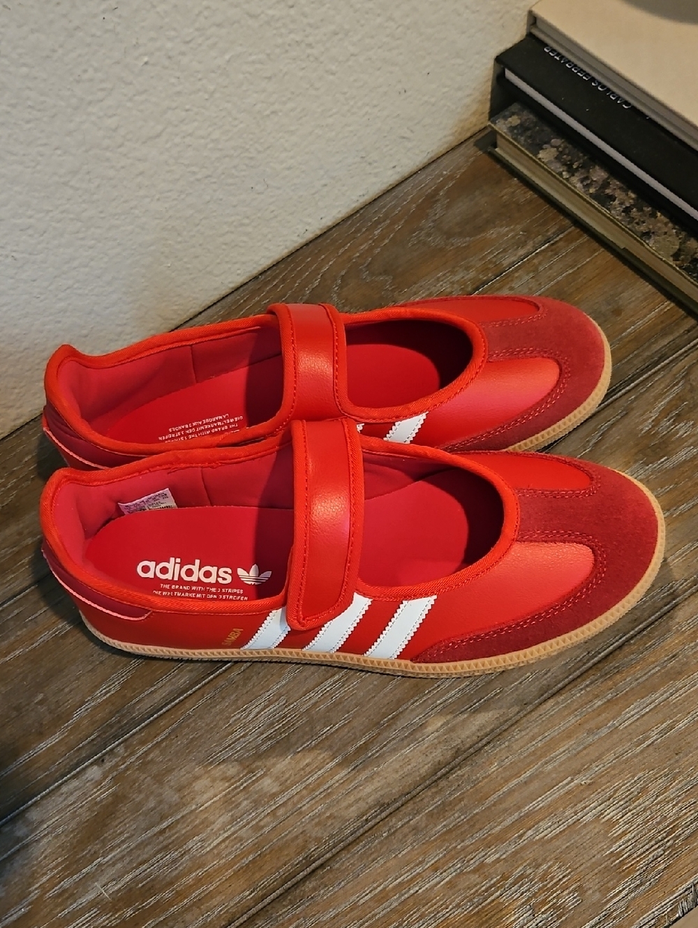 adidas Red Mary Jane Sneakers with White Stripes and Gum Sole - Picture 3 of 7